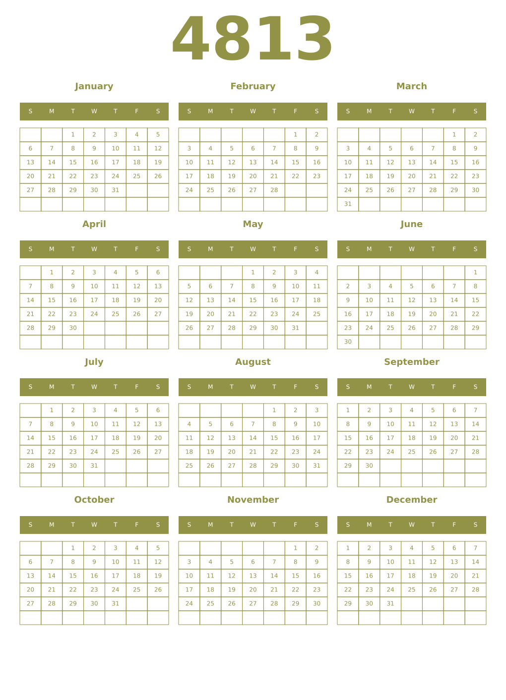 Printable 4813 Year Calendars eburnean