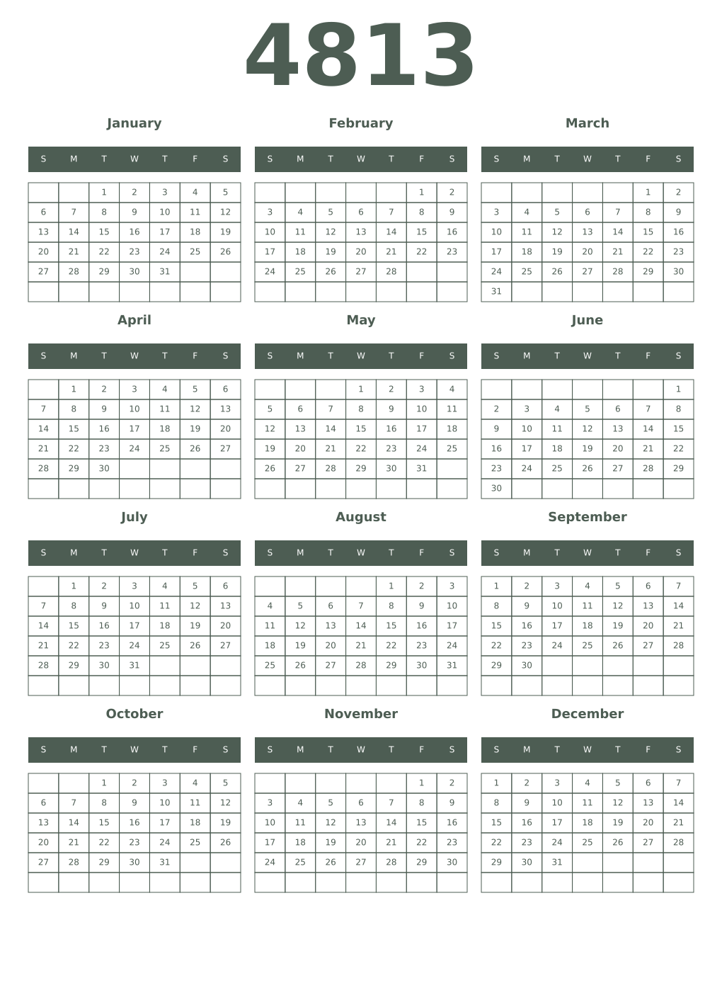 Printable 4813 Year Calendars feldgrau