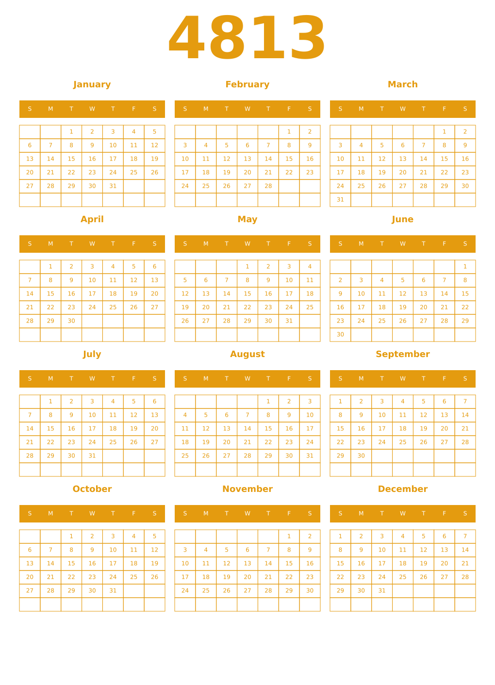 Printable 4813 Year Calendars gamboge