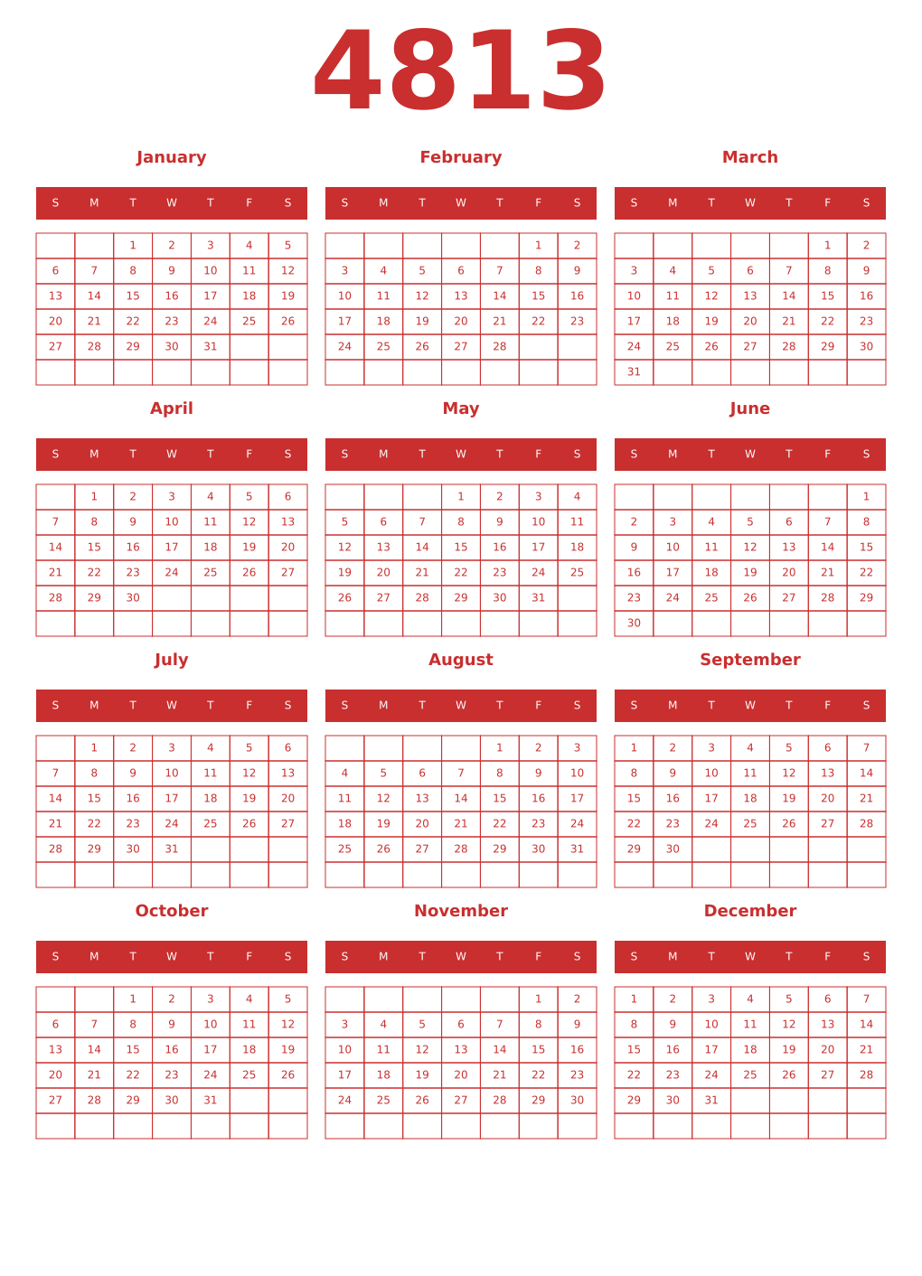 Printable 4813 Year Calendars red