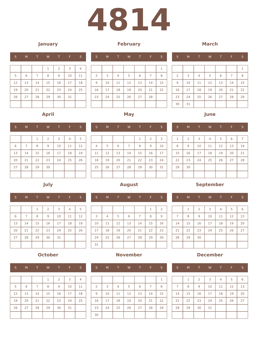 Printable 4814 Year Calendars coffe