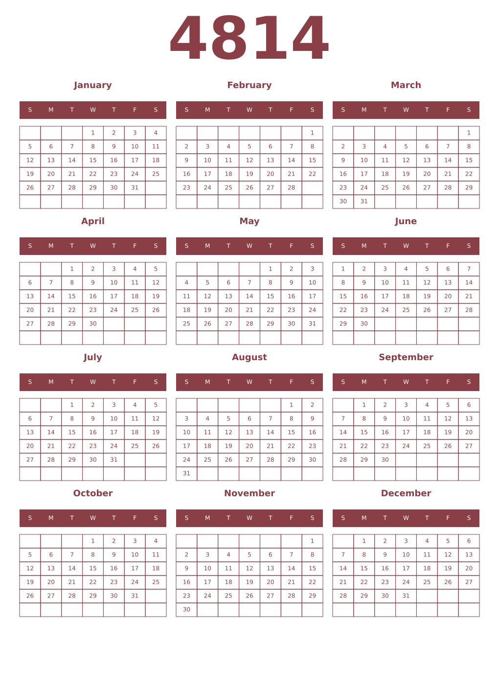 Printable 4814 Year Calendars cordovan