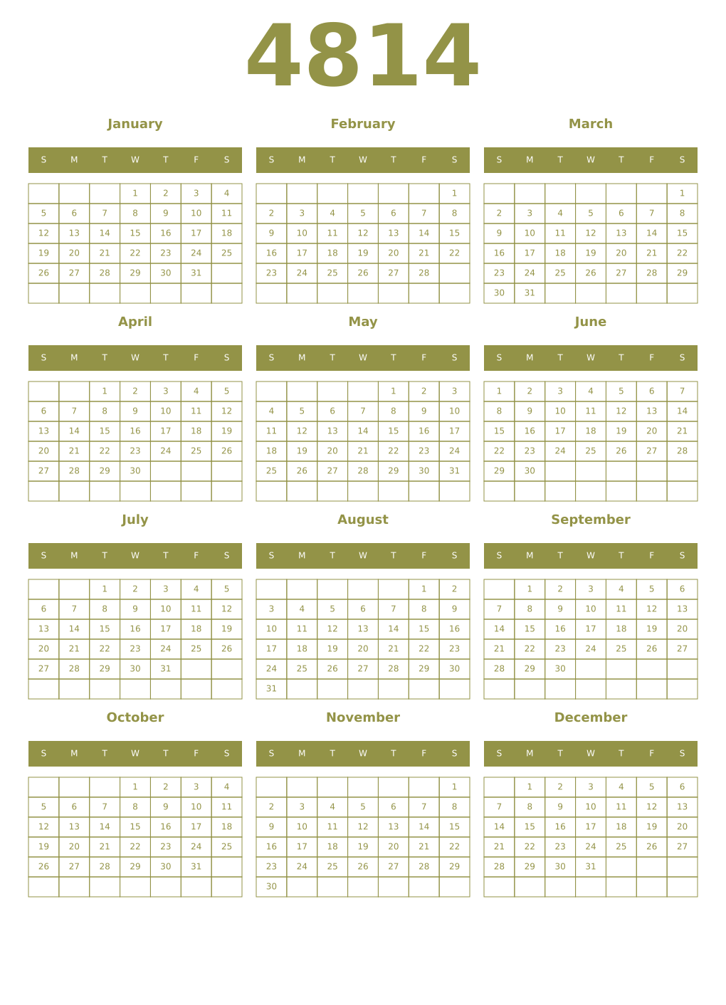 Printable 4814 Year Calendars eburnean