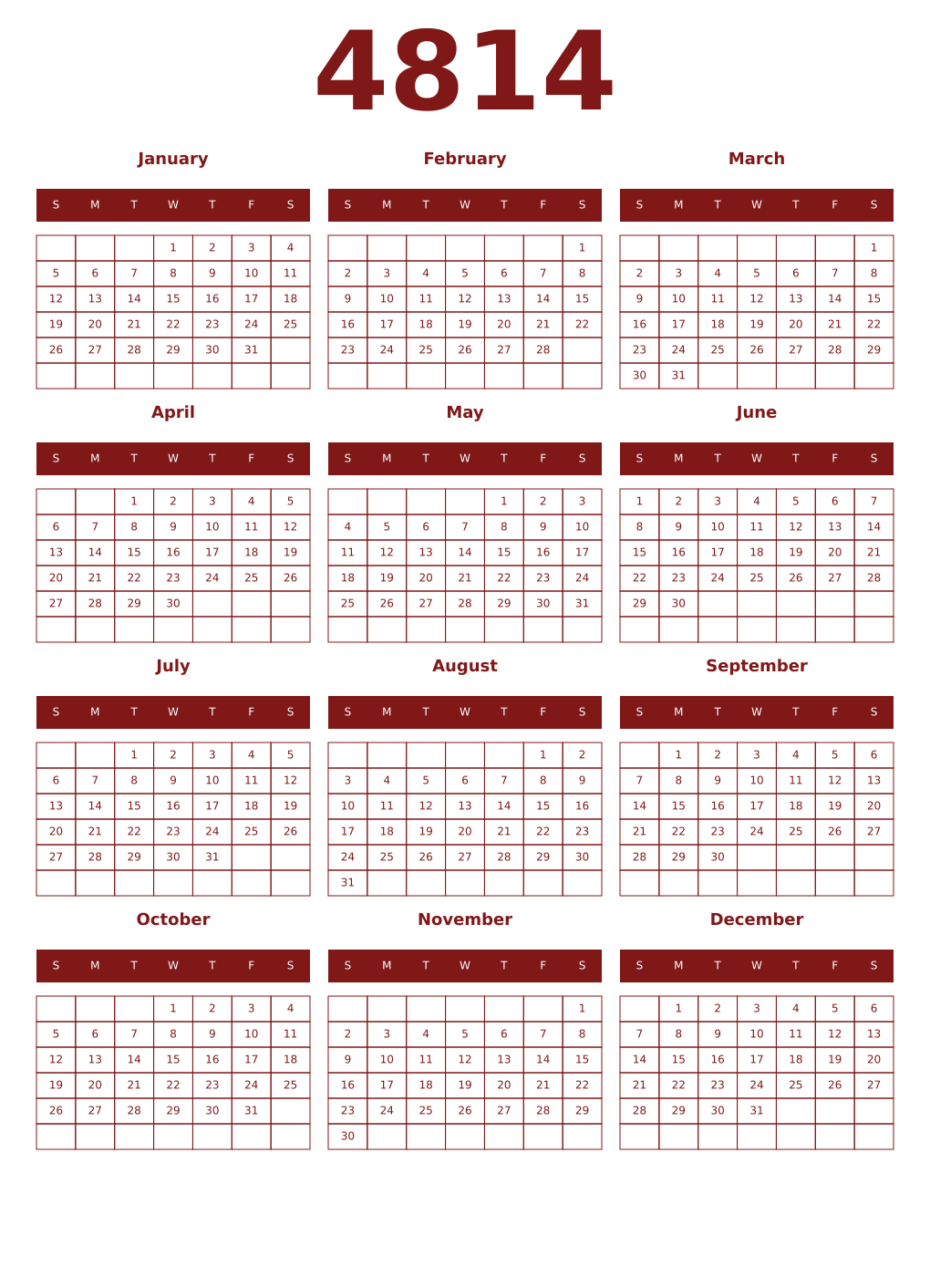 Printable 4814 Year Calendars falu