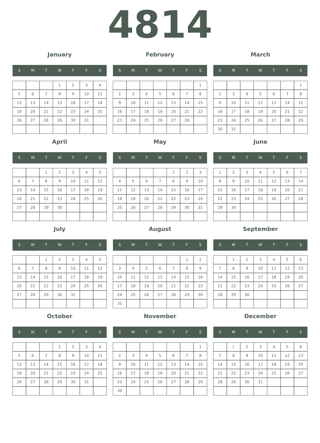 Printable 4814 Year Calendars feldgrau