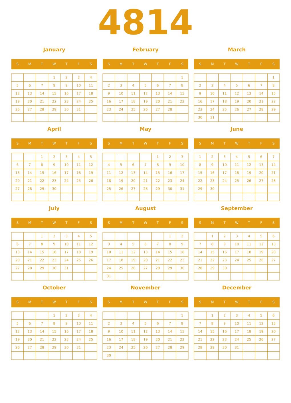 Printable 4814 Year Calendars gamboge
