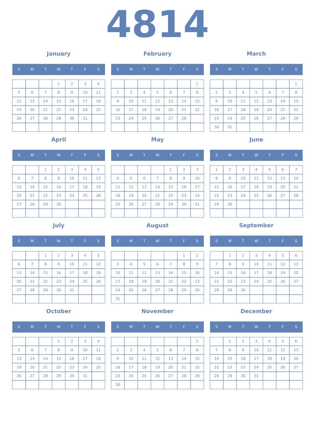 Printable 4814 Year Calendars glaucous