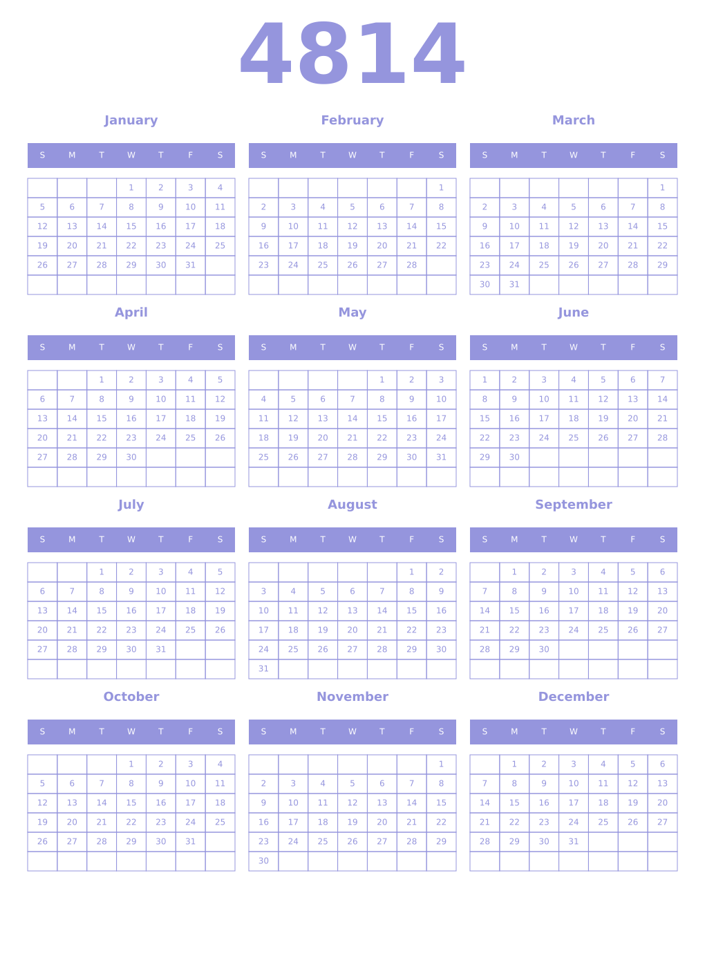 Printable 4814 Year Calendars periwinkle