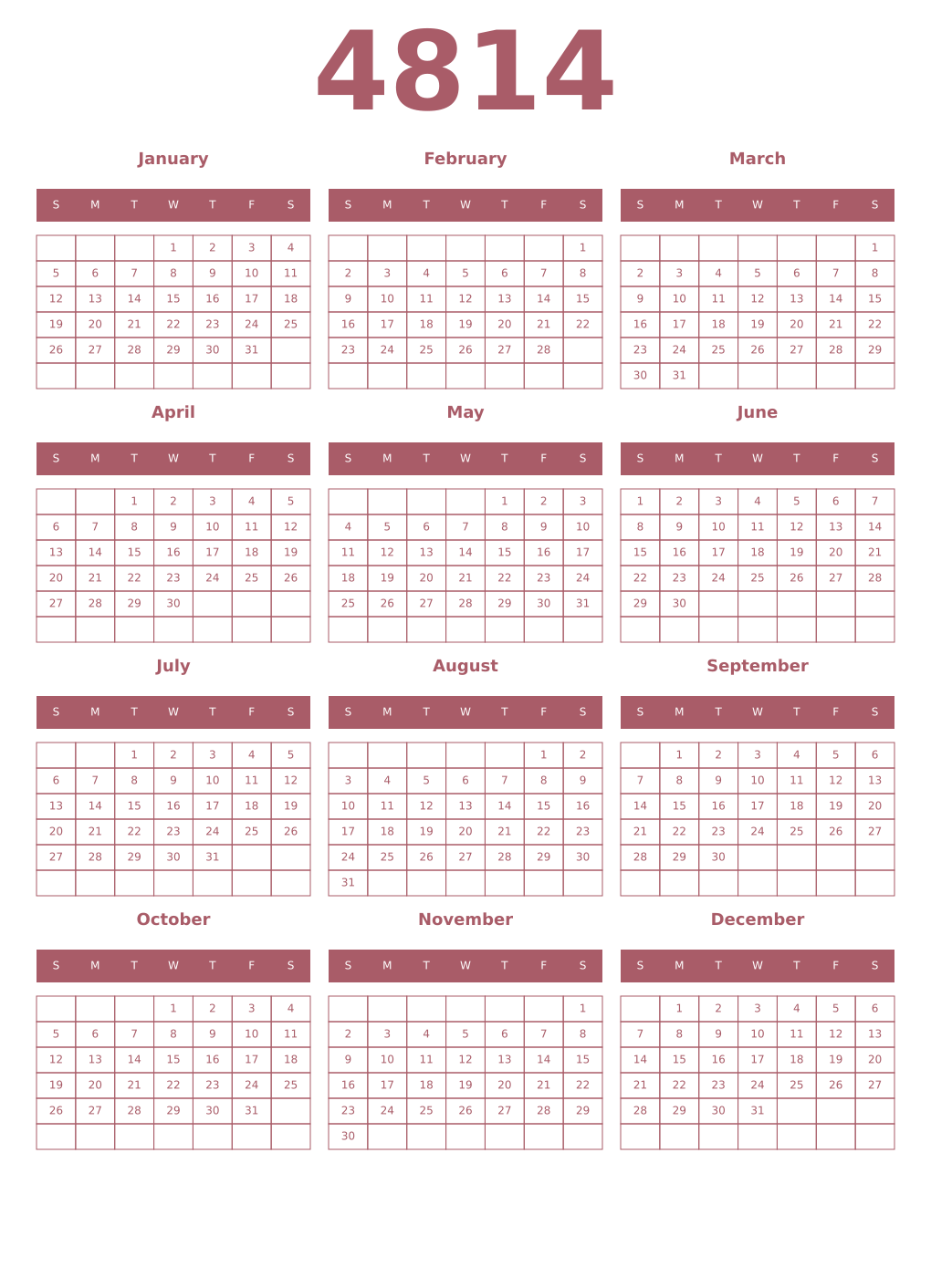 Printable 4814 Year Calendars puce