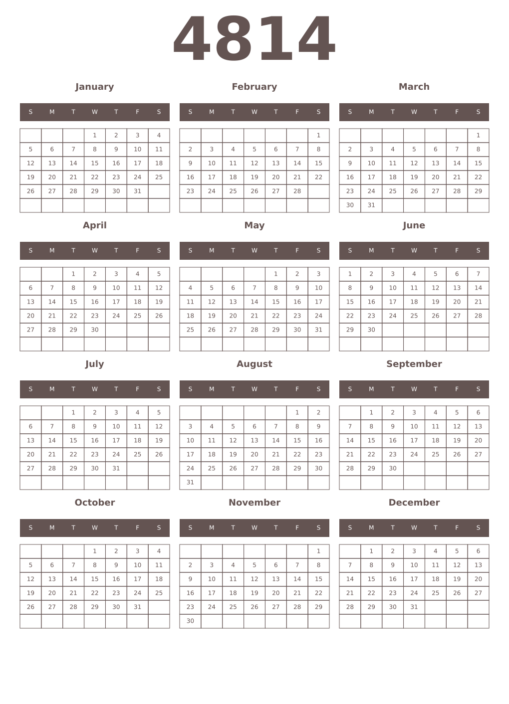 Printable 4814 Year Calendars wenge