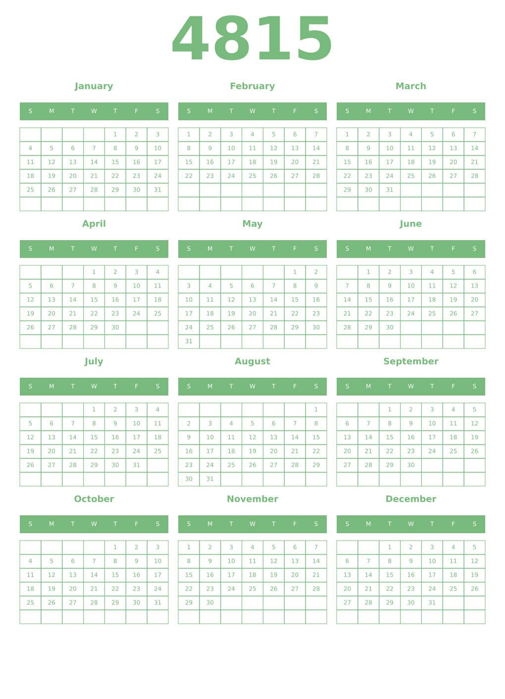 Printable 4815 Year Calendars celadon