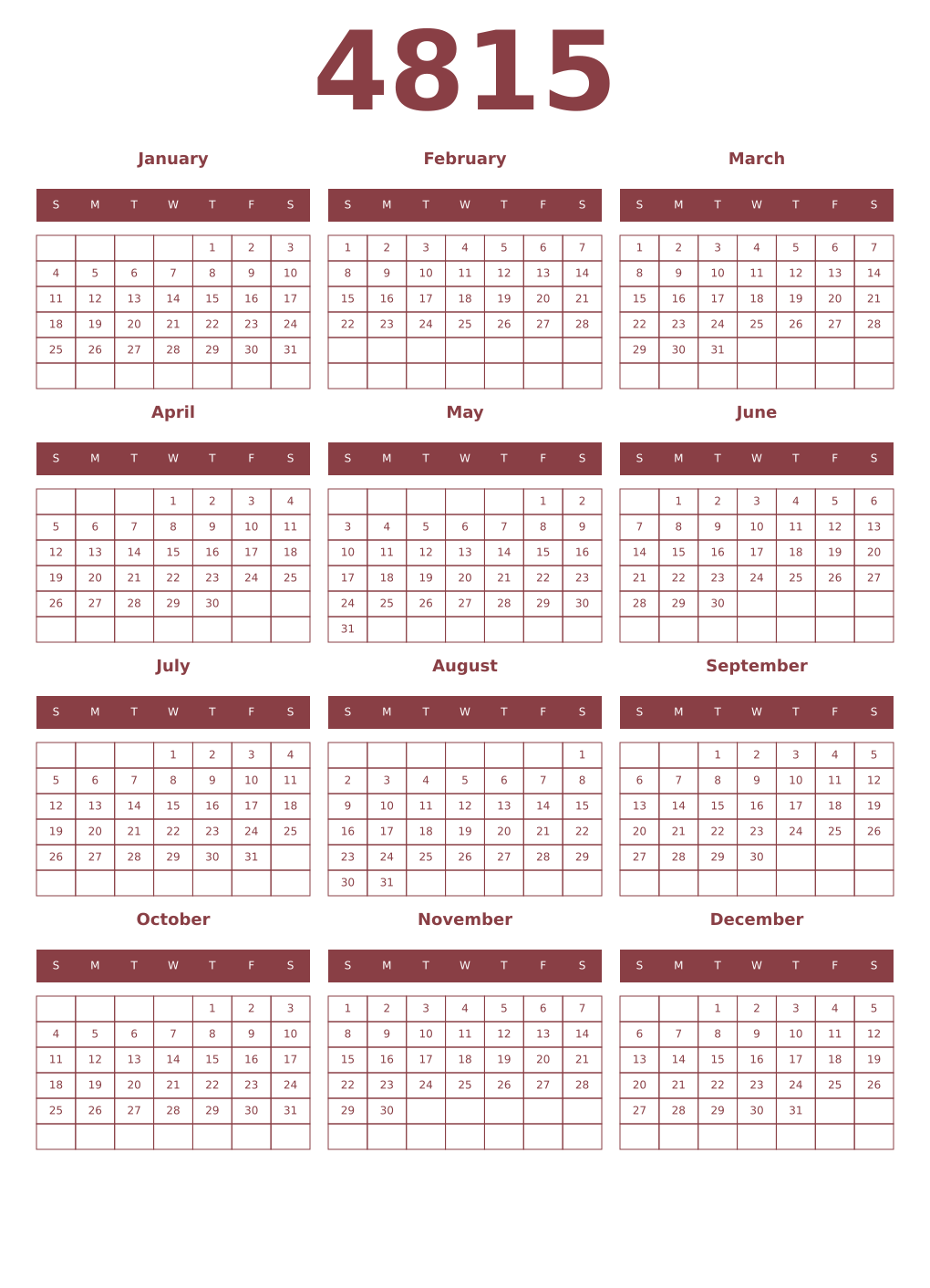 Printable 4815 Year Calendars cordovan
