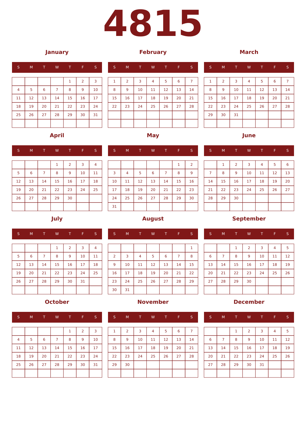 Printable 4815 Year Calendars falu