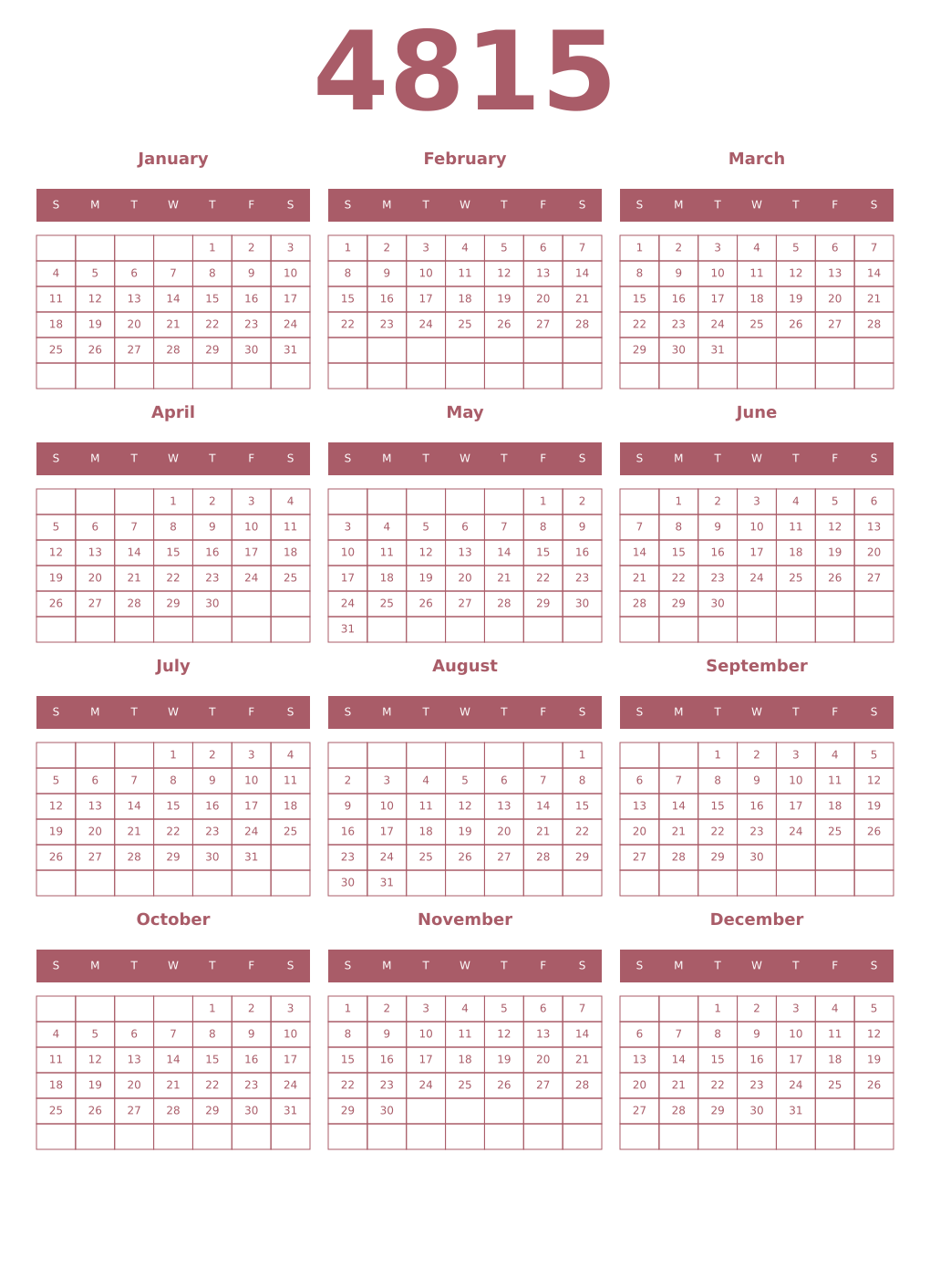 Printable 4815 Year Calendars puce
