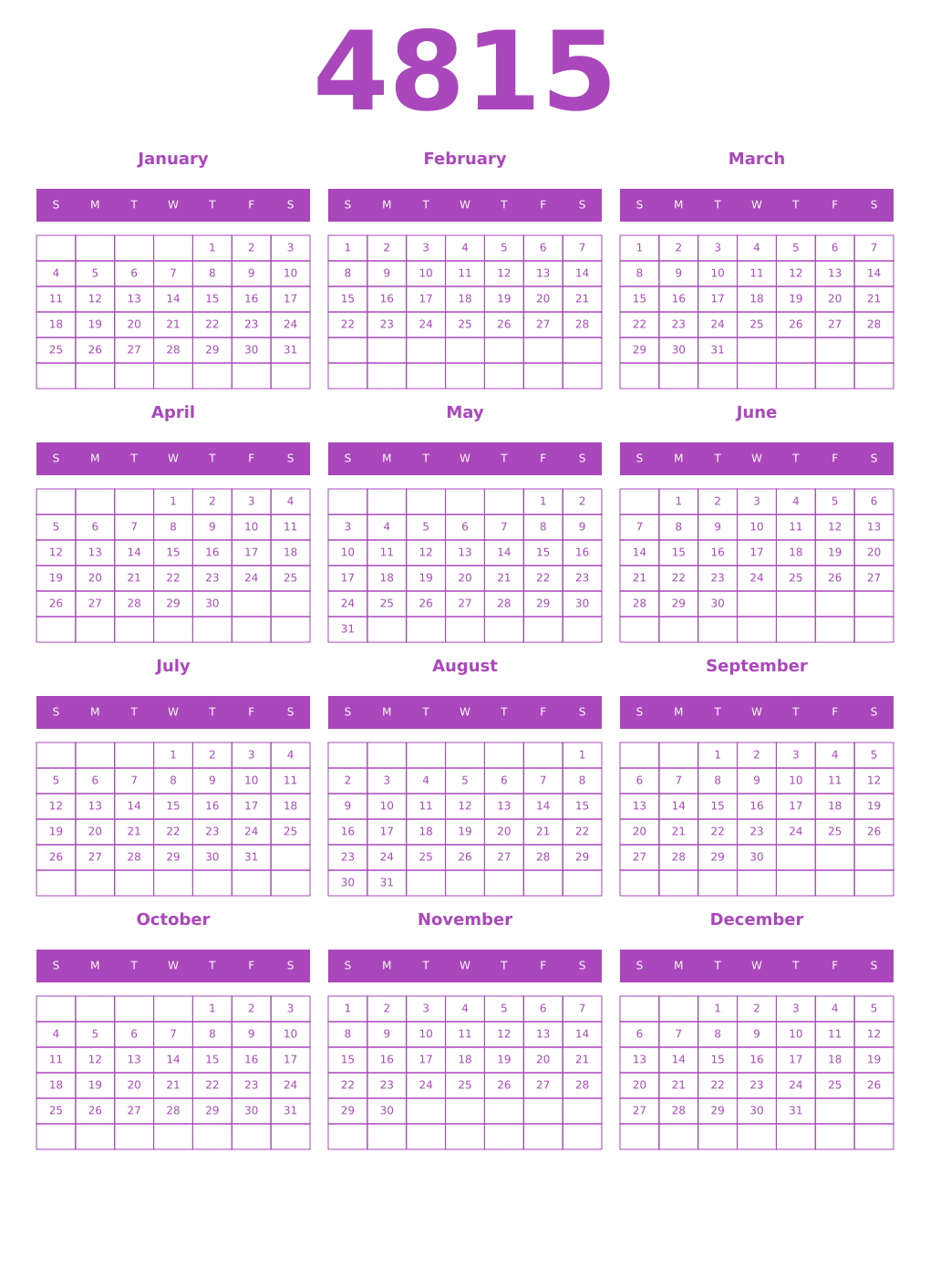 Printable 4815 Year Calendars purple