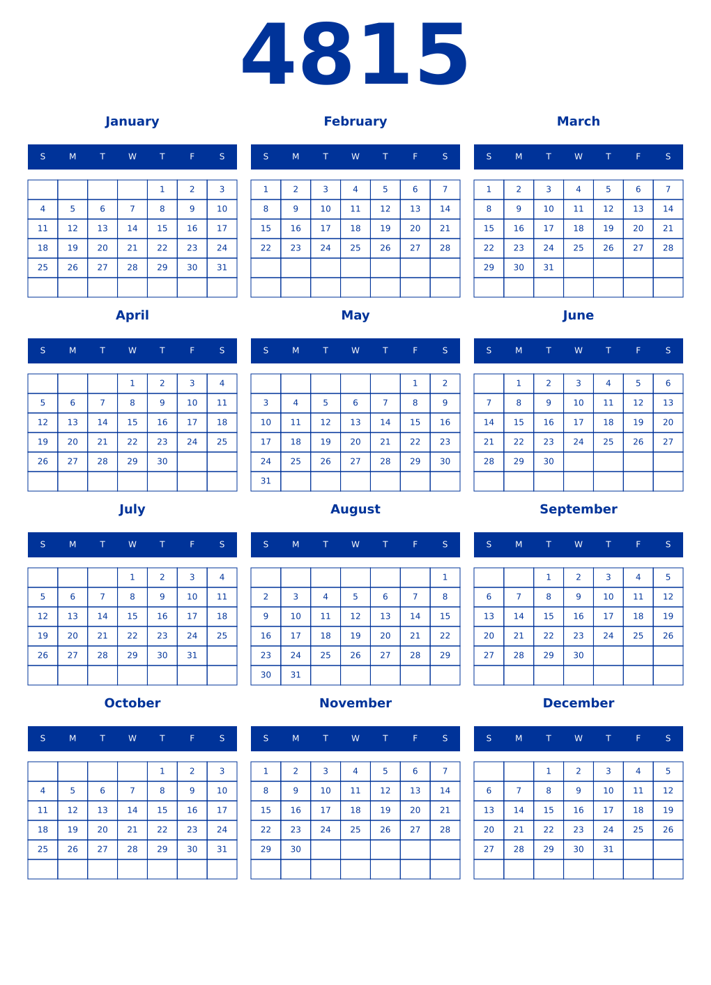 Printable 4815 Year Calendars smalt