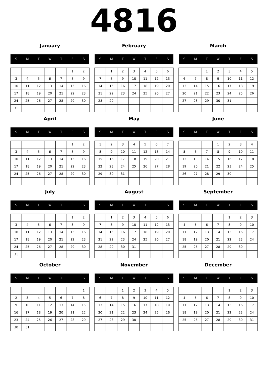 Printable 4816 Calendars
