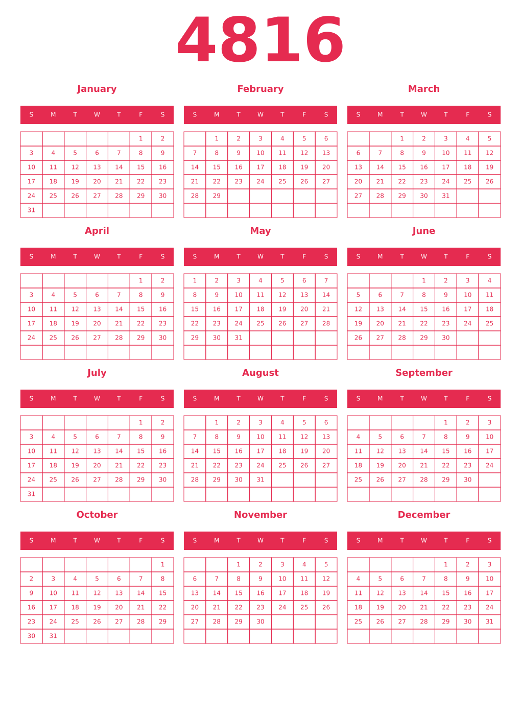 Printable 4816 Year Calendars amaranth
