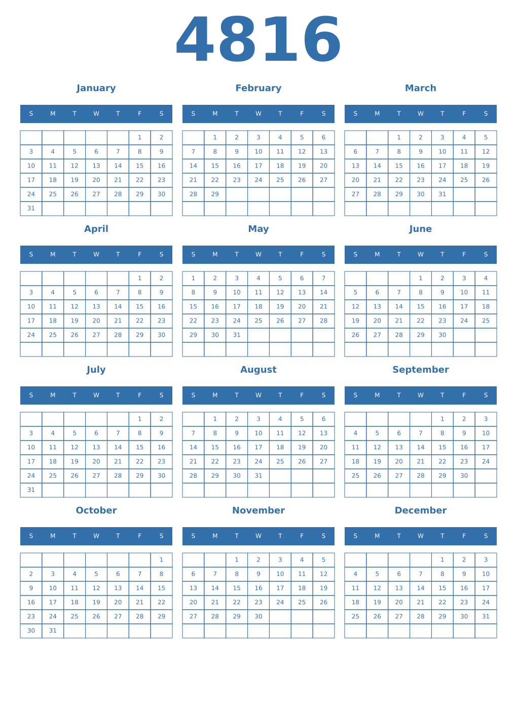 Printable 4816 Year Calendars blue