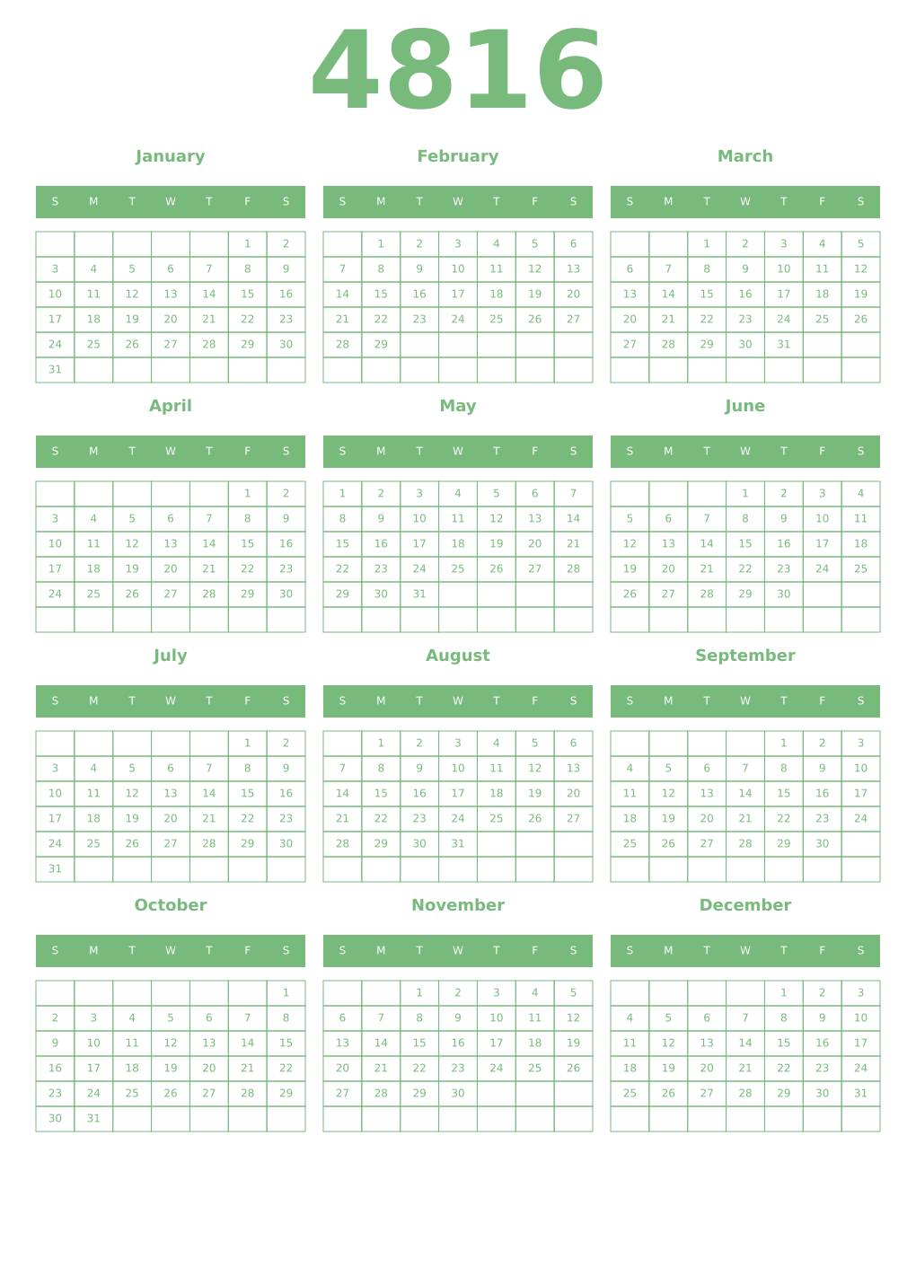 Printable 4816 Year Calendars celadon
