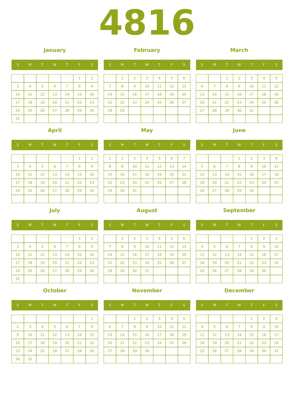 Printable 4816 Year Calendars chartreuse