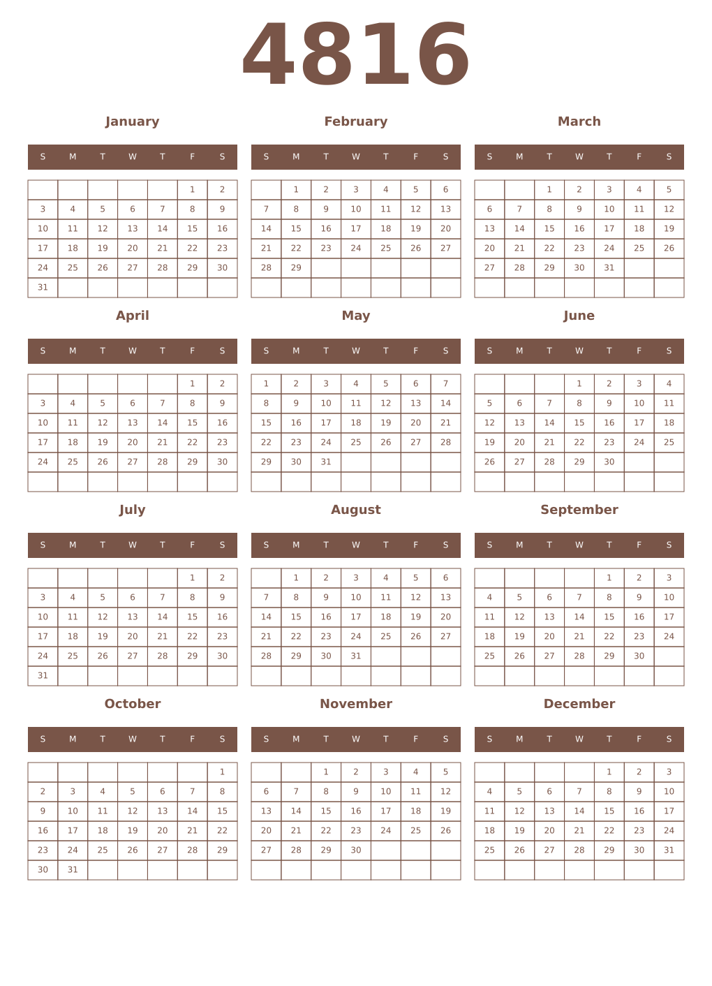 Printable 4816 Year Calendars coffe