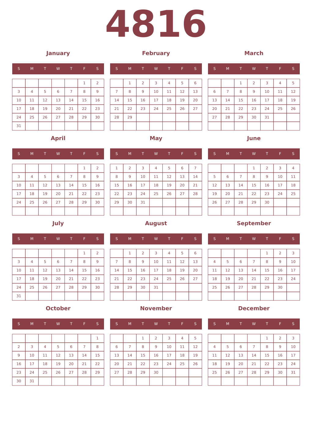 Printable 4816 Year Calendars cordovan