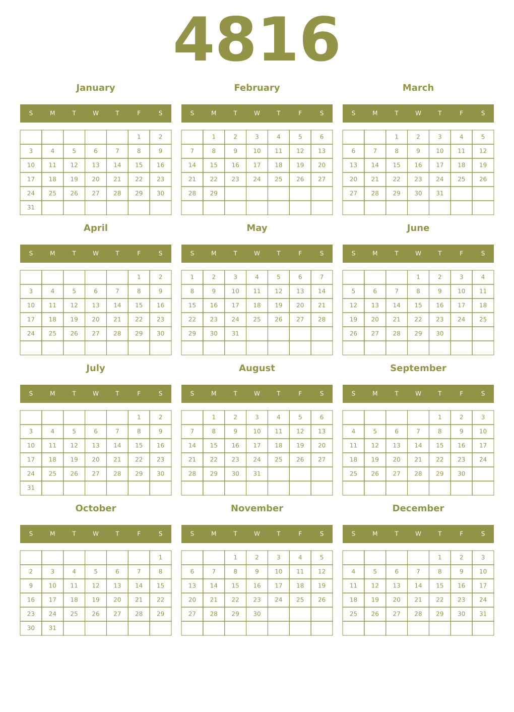 Printable 4816 Year Calendars eburnean