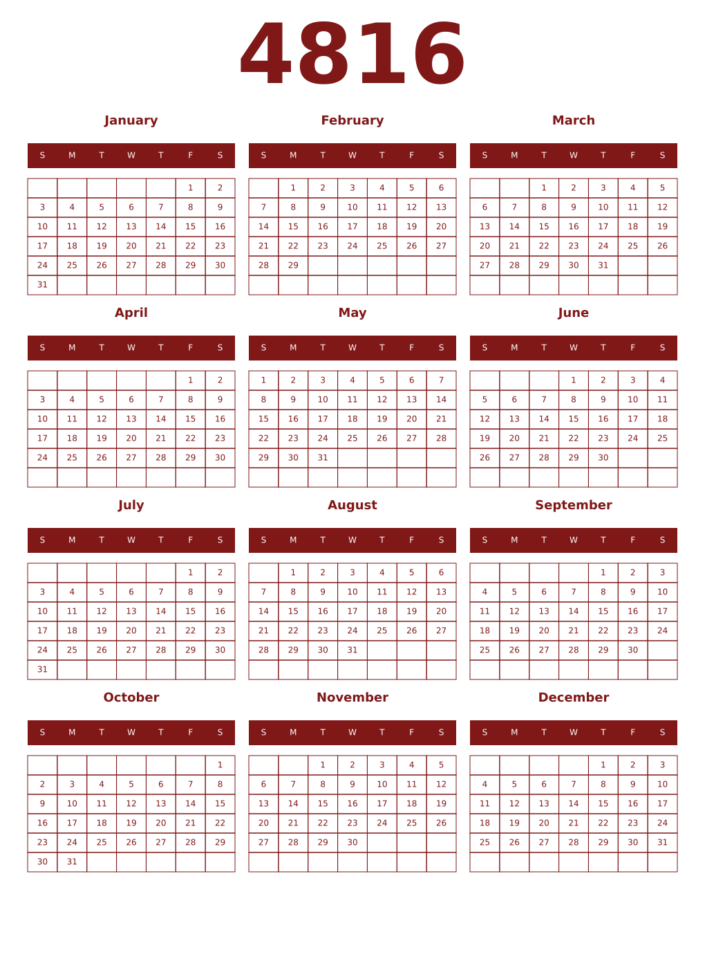 Printable 4816 Year Calendars falu