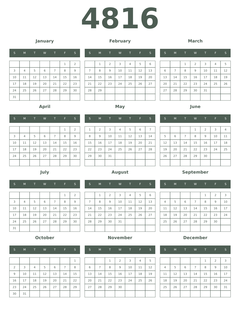 Printable 4816 Year Calendars feldgrau