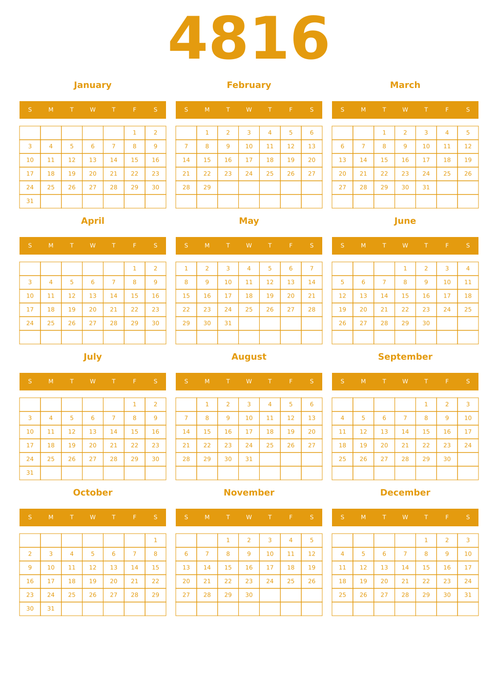 Printable 4816 Year Calendars gamboge