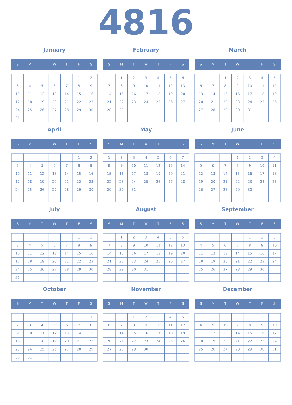 Printable 4816 Year Calendars glaucous