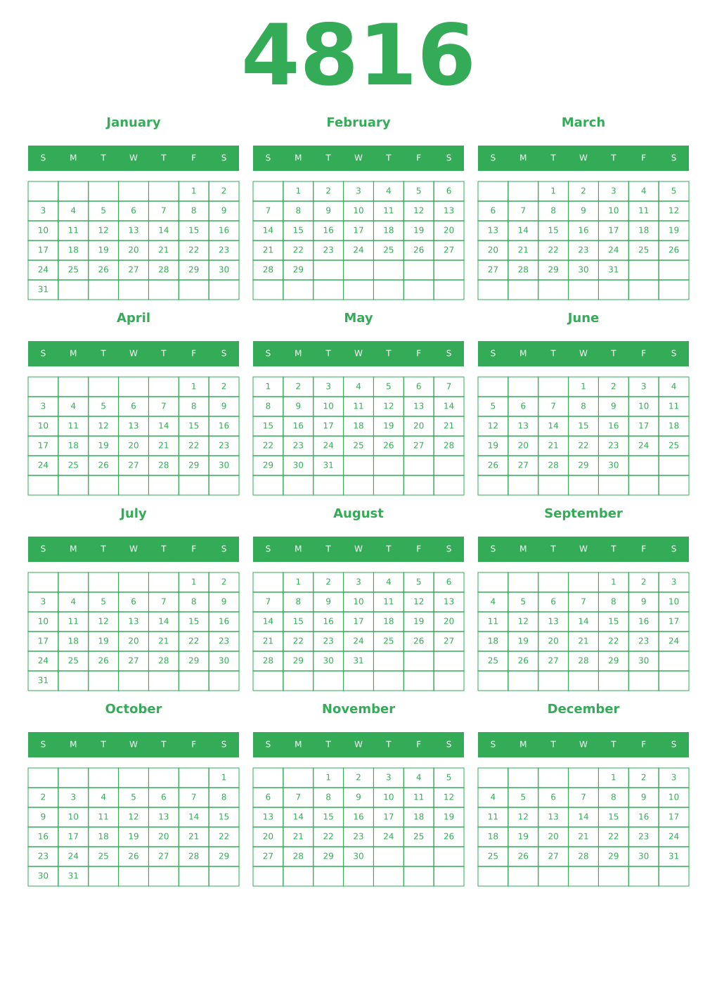 Printable 4816 Year Calendars green