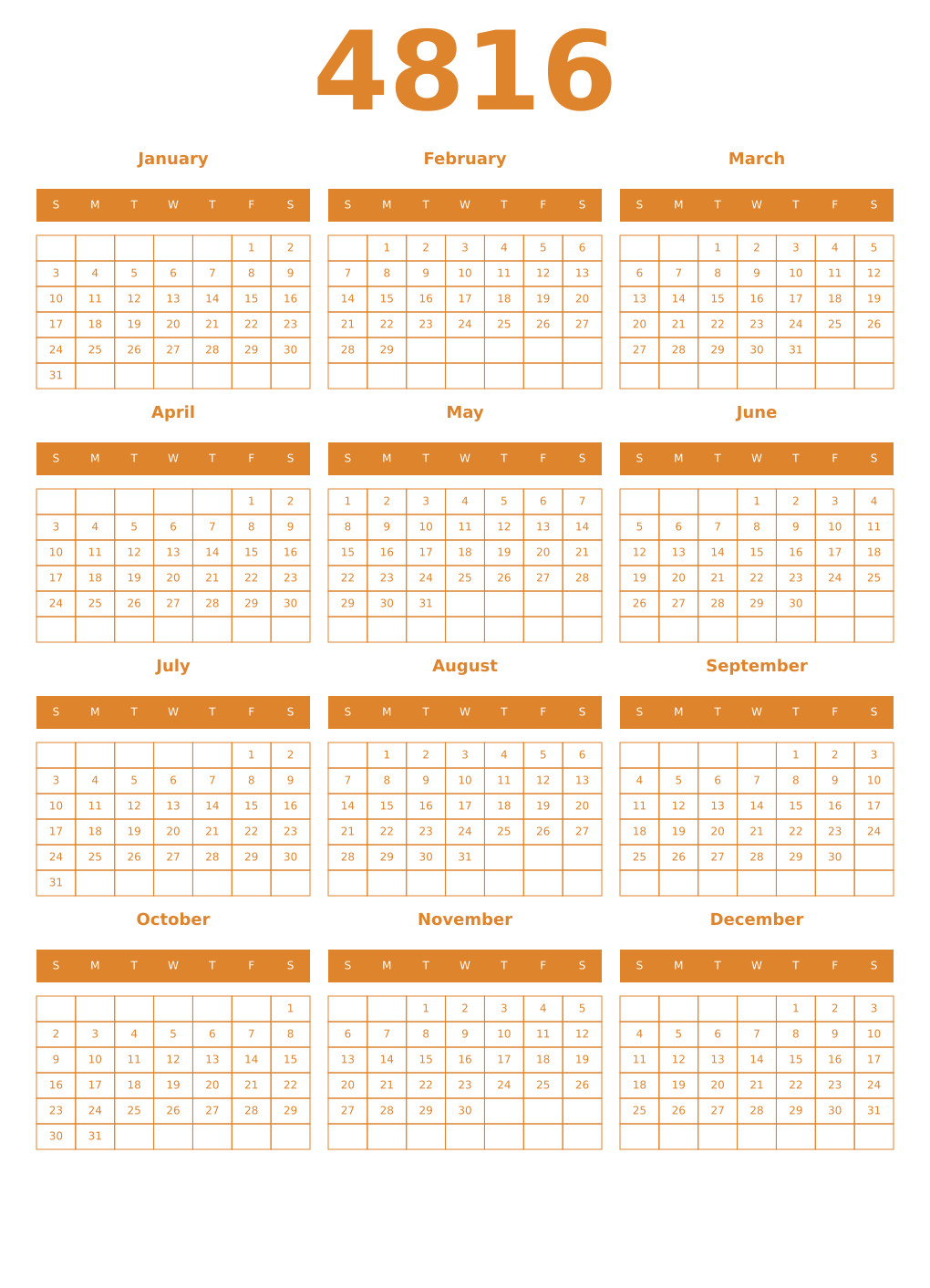 Printable 4816 Year Calendars orange