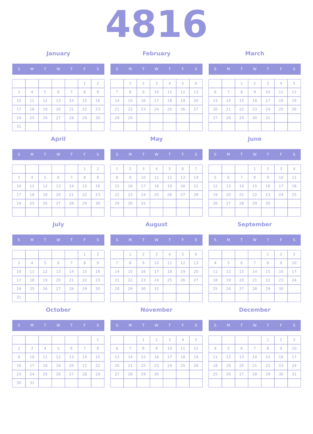 Printable 4816 Year Calendars periwinkle
