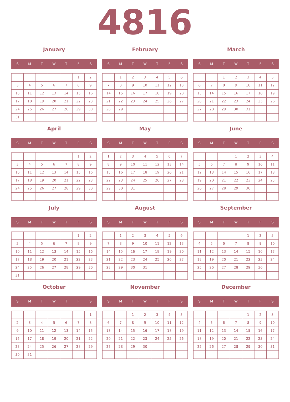 Printable 4816 Year Calendars puce