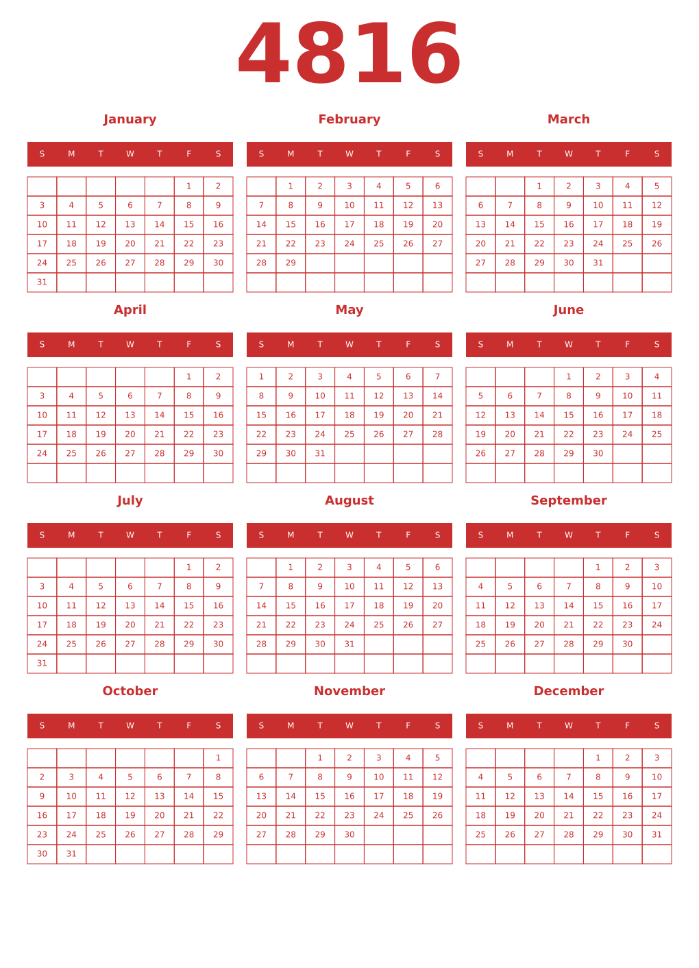 Printable 4816 Year Calendars red