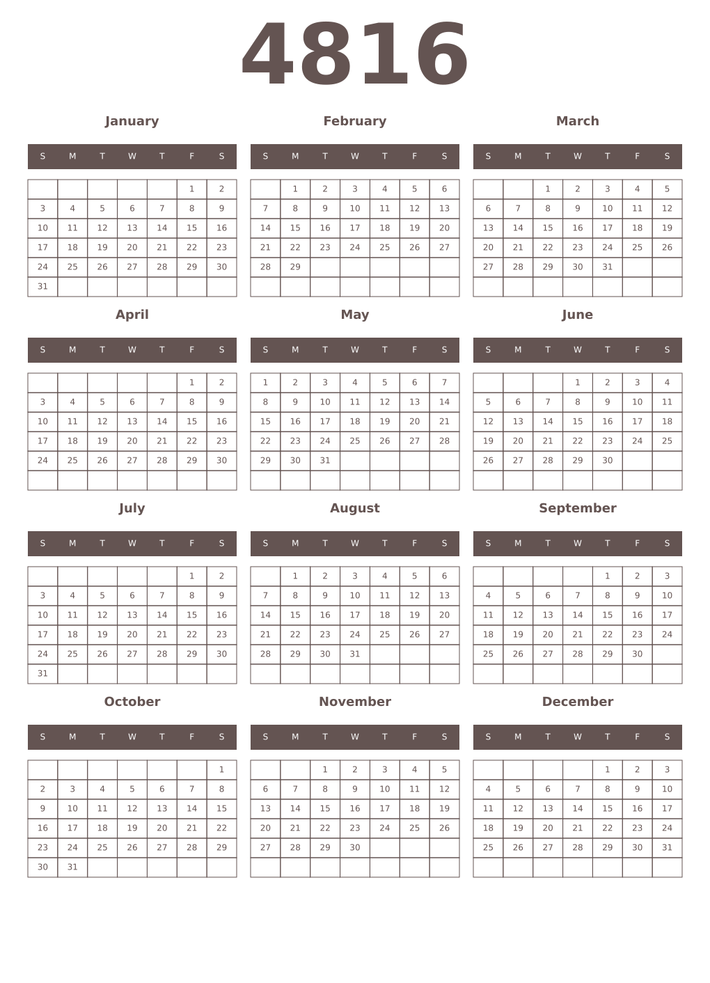 Printable 4816 Year Calendars wenge