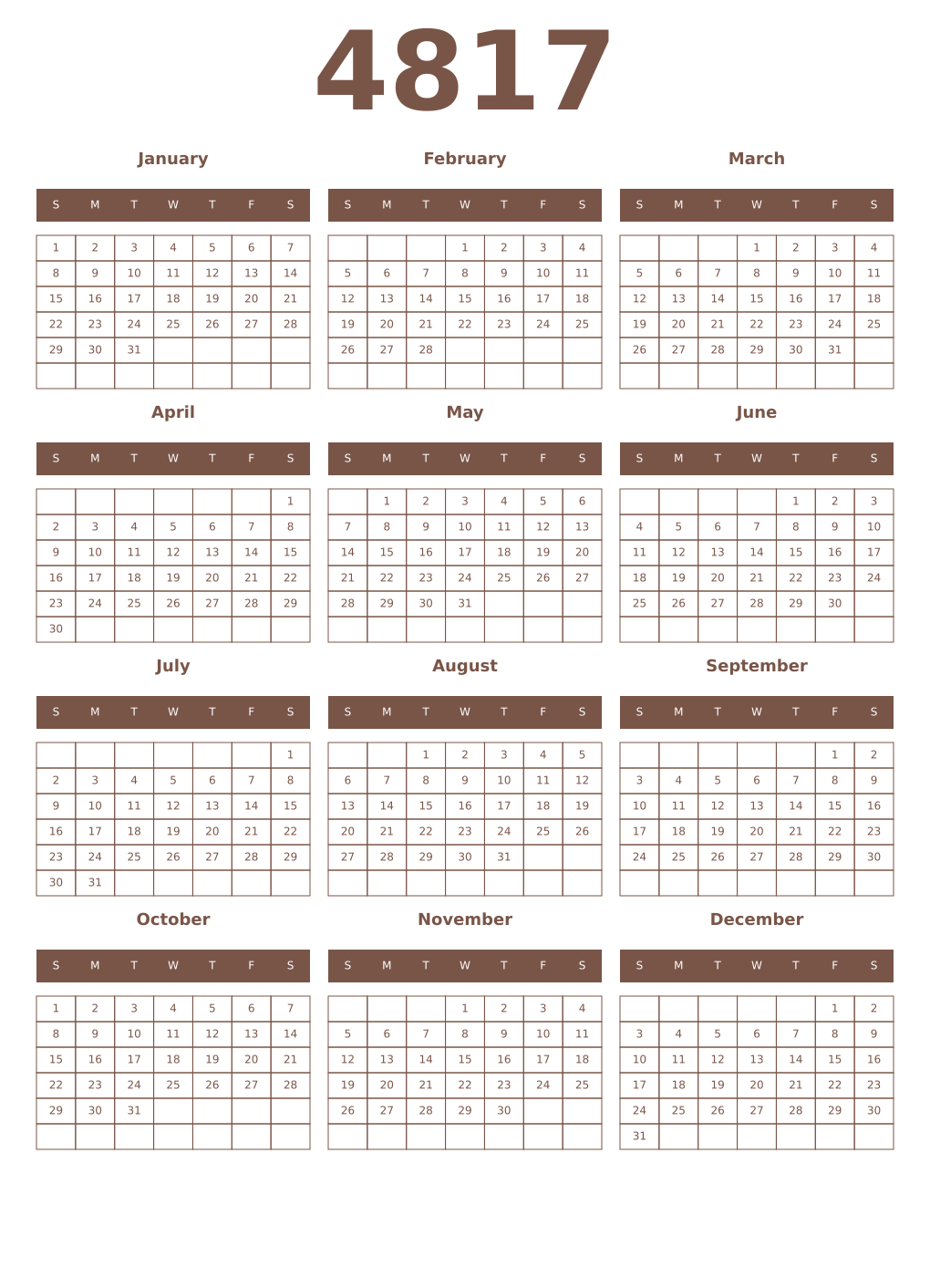 Printable 4817 Year Calendars coffe