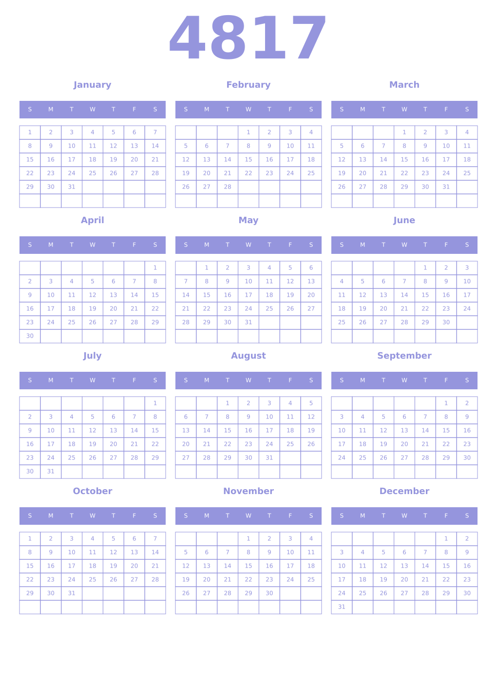 Printable 4817 Year Calendars periwinkle
