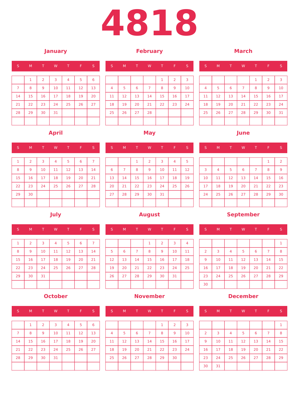 Printable 4818 Year Calendars amaranth