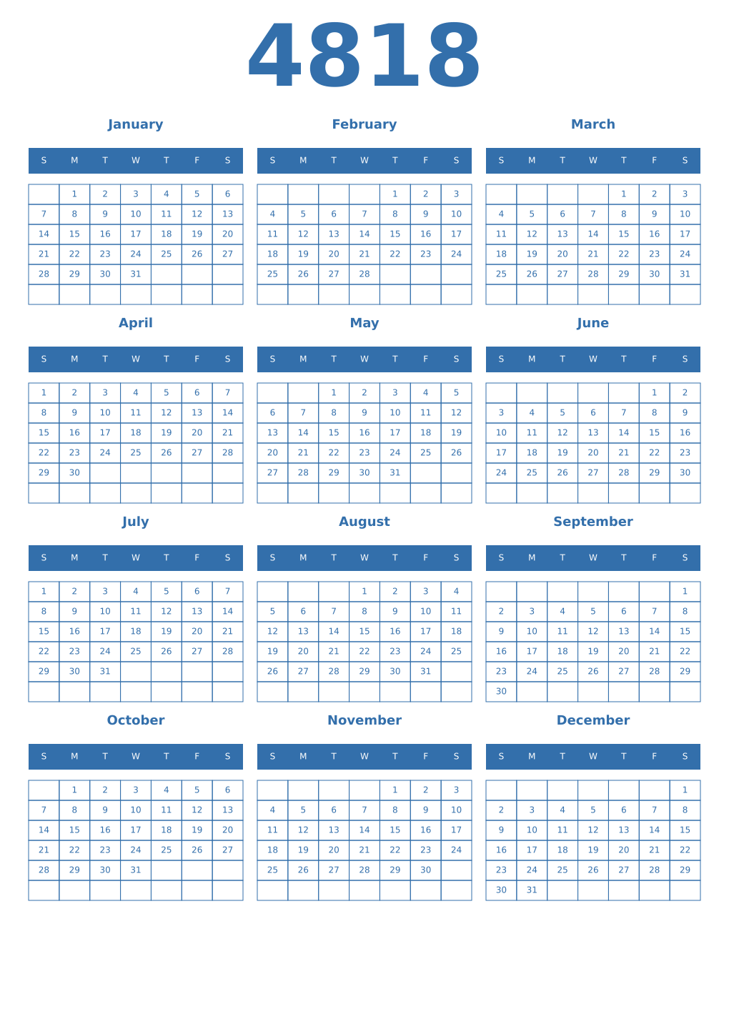 Printable 4818 Year Calendars blue