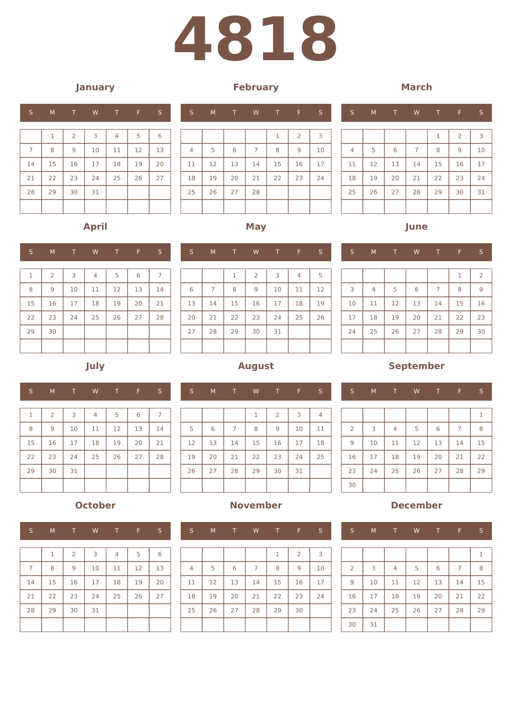 Printable 4818 Year Calendars coffe
