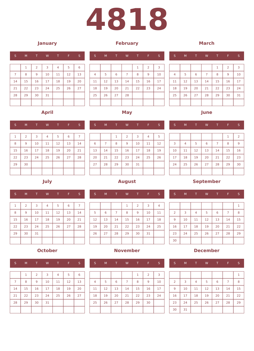 Printable 4818 Year Calendars cordovan