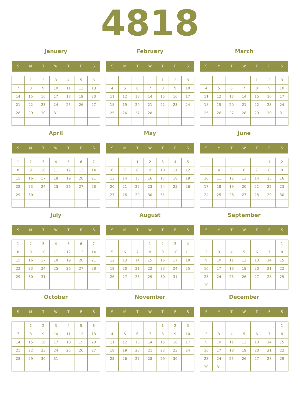 Printable 4818 Year Calendars eburnean
