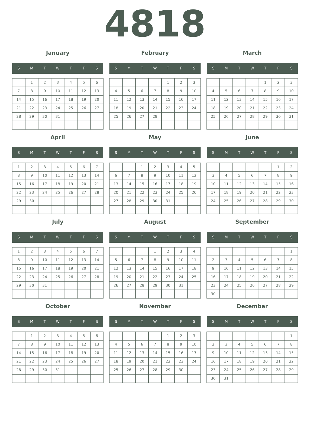 Printable 4818 Year Calendars feldgrau