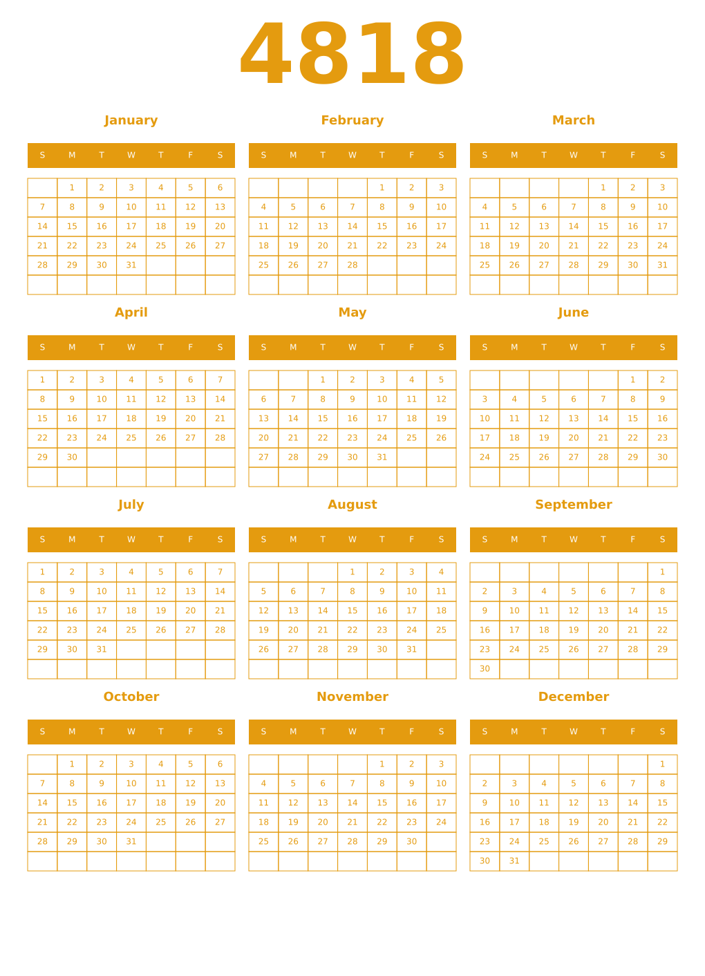 Printable 4818 Year Calendars gamboge