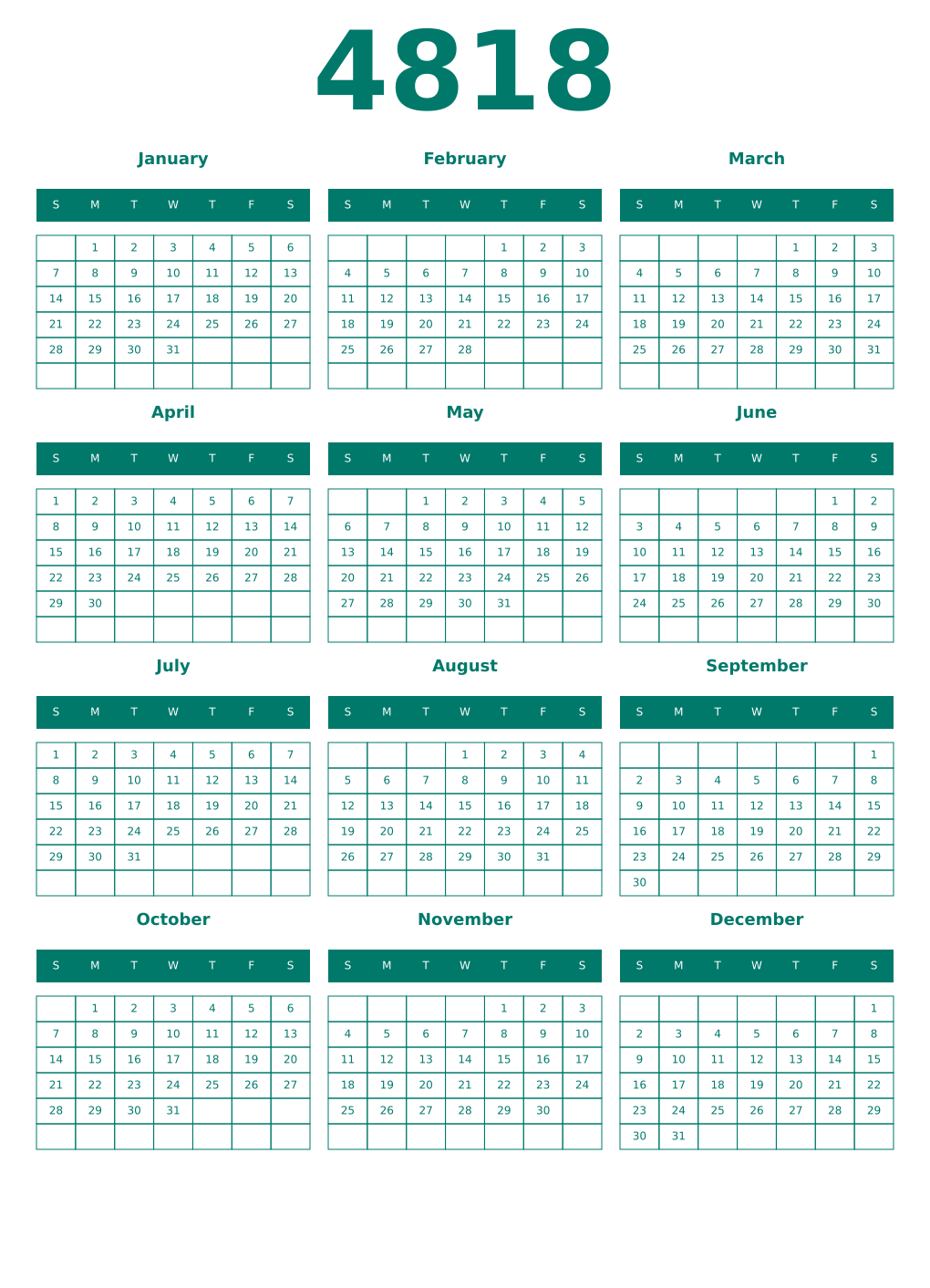 Printable 4818 Year Calendars pastel