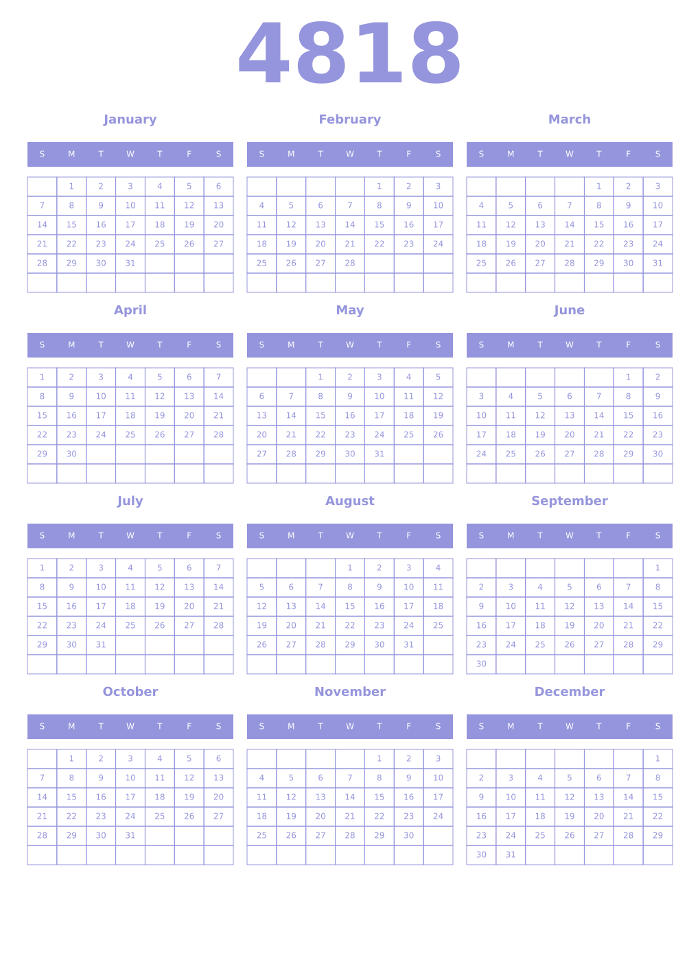Printable 4818 Year Calendars periwinkle