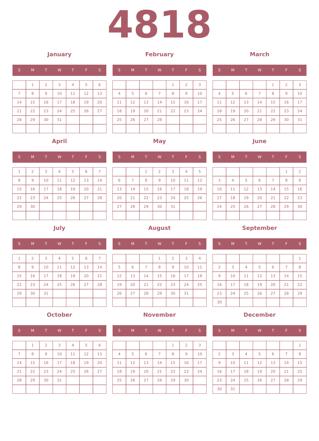 Printable 4818 Year Calendars puce